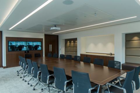 22-seat Modern Meeting Room with organized and wood finishes