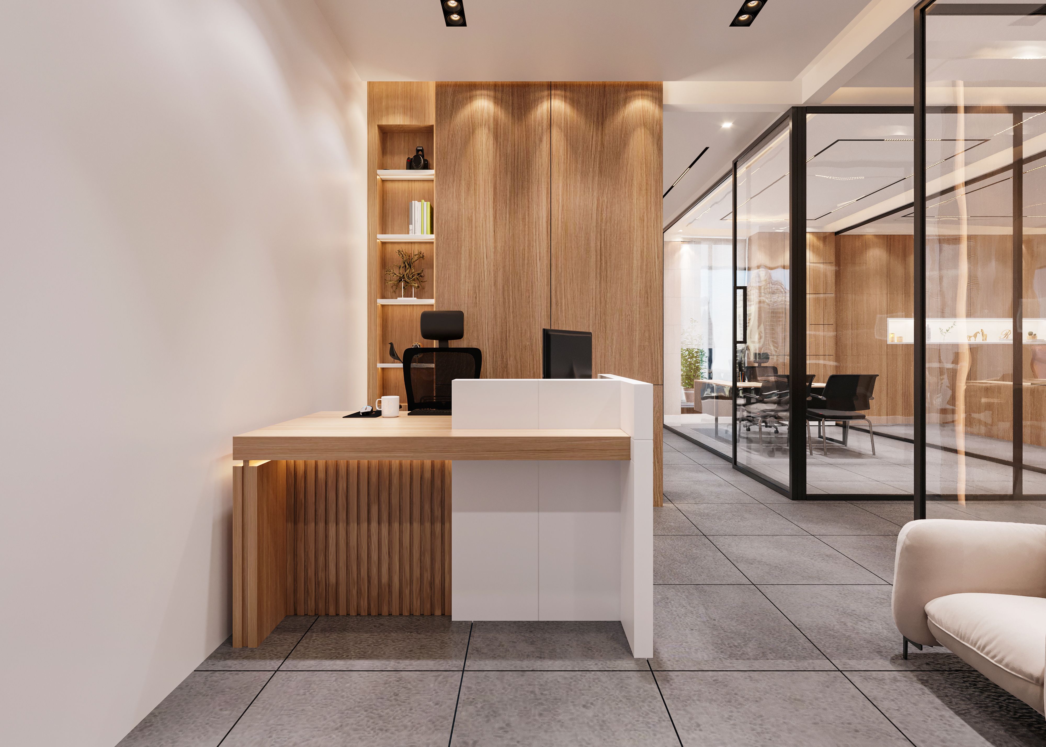 Contemporary office reception with wood and glass elements, featuring modern design and clean lines.